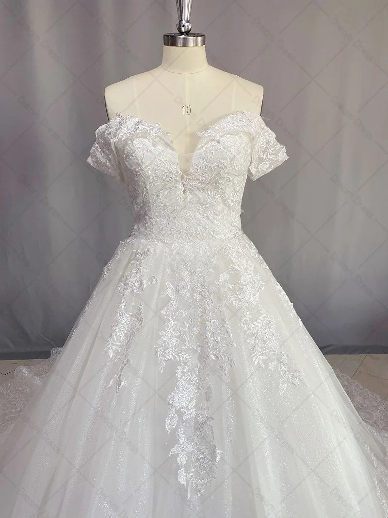 DREAM Princess Sparkly Off Shoulder Wedding Dress Elegant Sweetheart Lace Up Ball Gown Lace Appliques Bridal Gown Robe De Mariee