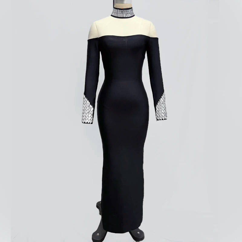 Fashion Sexy European And American Women Long Sleeve Black Sexy Round High Neck Color Long Sleeve Diamond Decoration Slim Dress