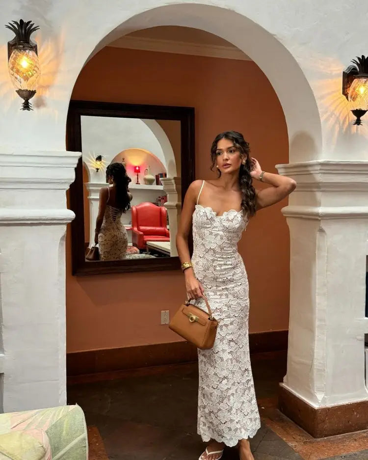 New Arrival Women Sleeveless Sexy Strap Square Collar Lace Bodycon Long Dress Fashion Celebrate Birthday Vacation Party Dress