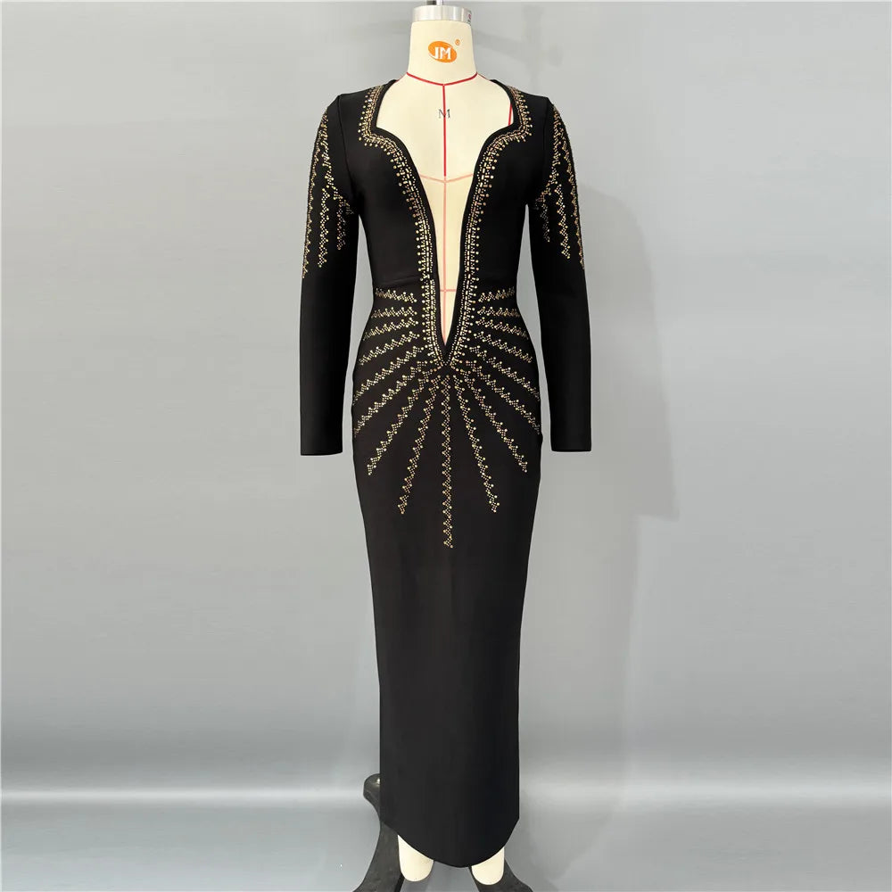 High Quality Women Long Sleeve Shinning Gloden Rhinestones Bodycon Long Bandage Dress Nightclub Party Celebrate Outfit