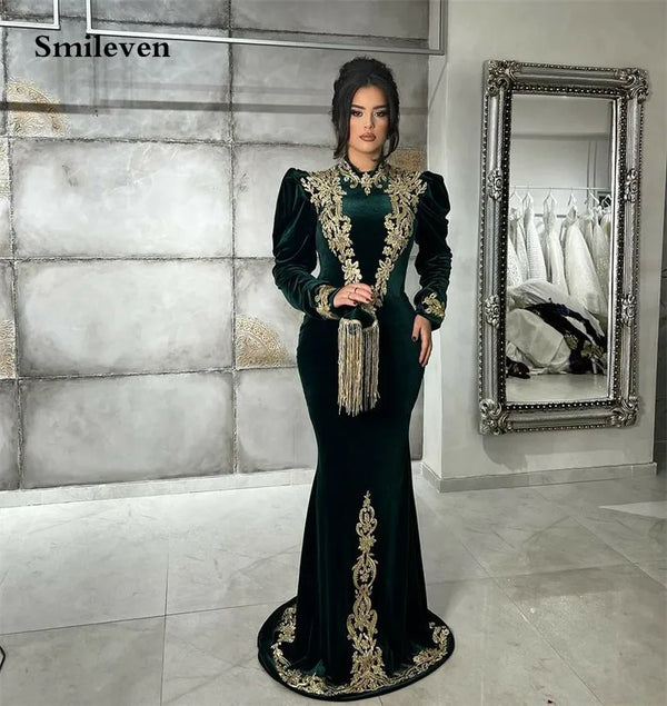 Modest Velour Lace Moroccan caftan Evening Dresses Long Sleeves High Neck Velvet Prom Dresses Women Party Gowns