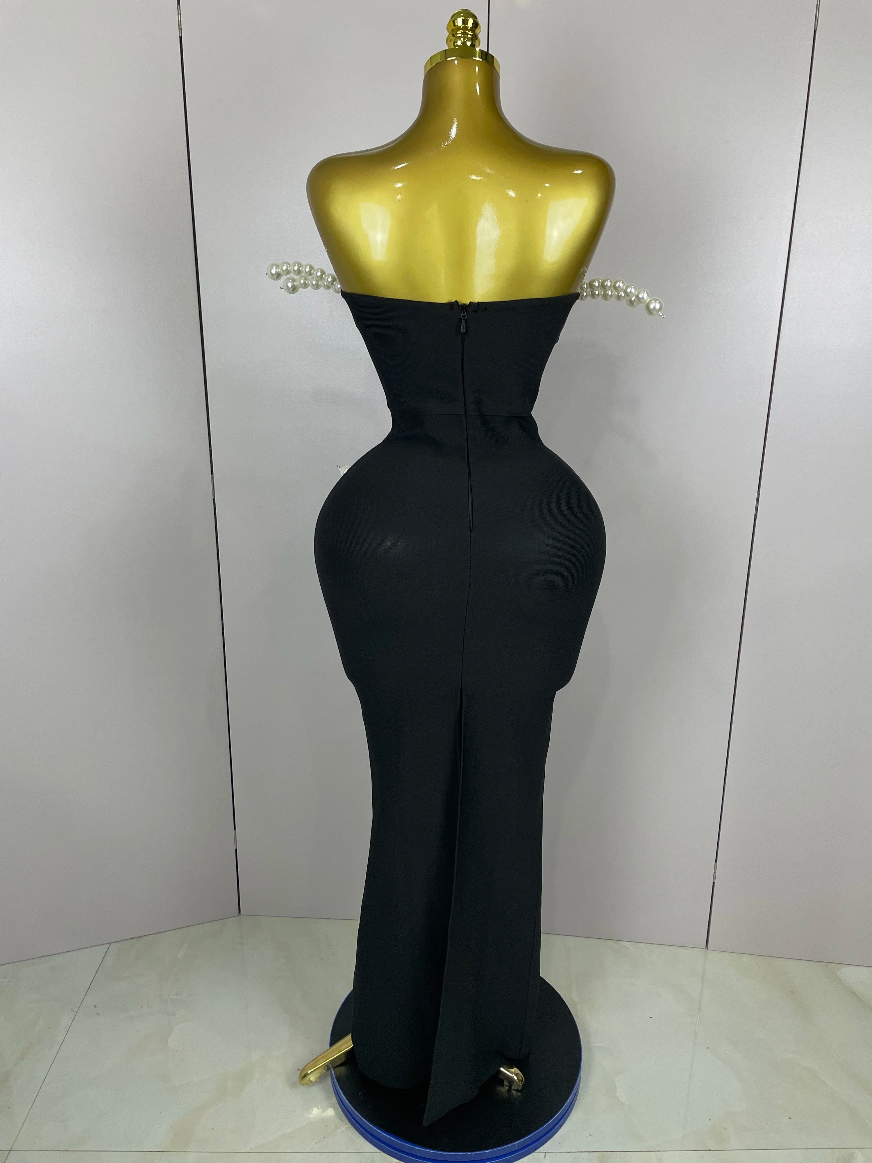 2025 New Sexy Strapless Pearl Beading Bodycon Long Bandage Dress  Women Fashion Elegant Evening Party Luxury Birthday Dresses