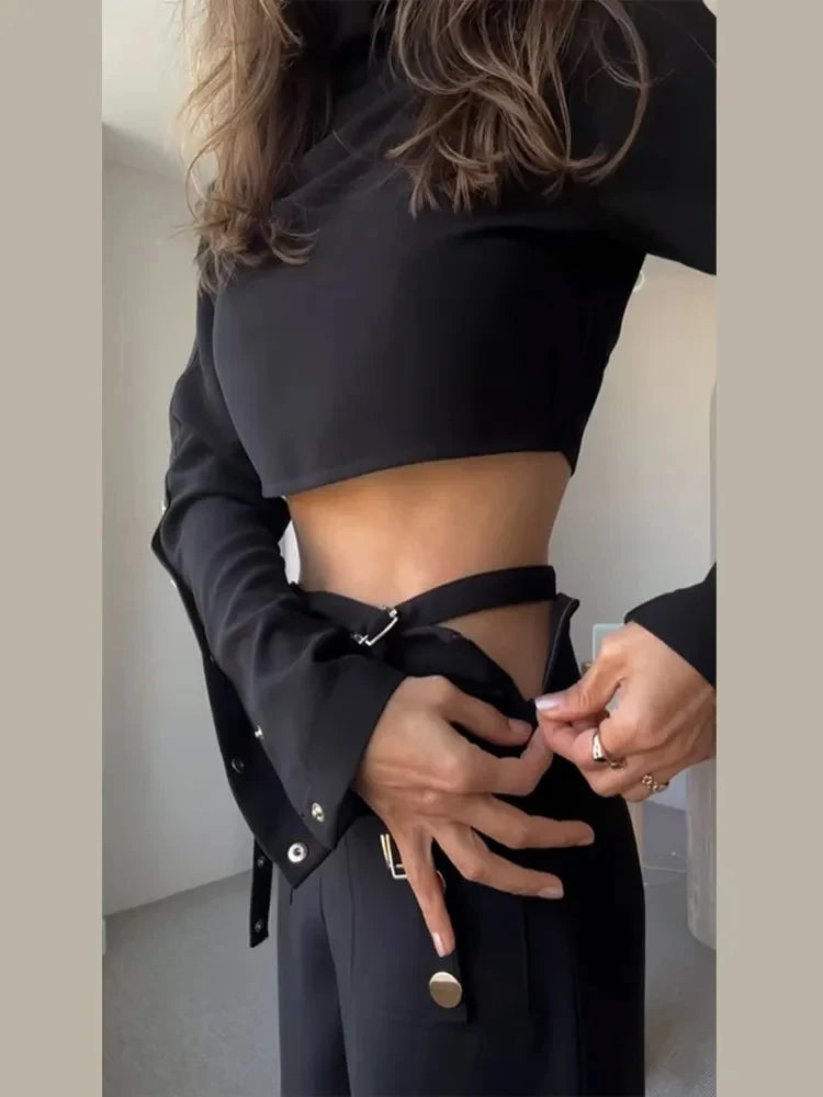 TWOTWINSTYLE Streetwear Two Piece Set For Women Stand Collar Long Sleeve Top High Waist Pant Wide Leg Pant Chic Sets Female New