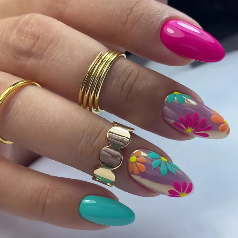 24Pcs Autumn Winter Matte Almond False Nails with Glue Rose Leaf Printing Nail Art Simple Full Cover Press on Acrylic Nails Tips