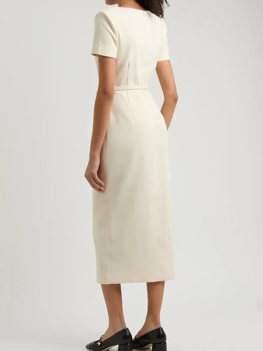 TWOTWINSTYLE Solid Slimming Spliced Single Breasted Elegant Dresses for Women Square Neck Short Sleeves Split Dress Female New