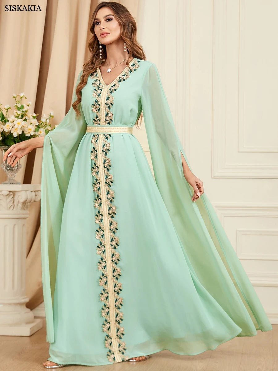 Muslim Dress 2023 Dubai Caftan Women Basic Solid Lace Tape Super Full Sleeves V-Neck Sashes Moroccan Islam Abaya