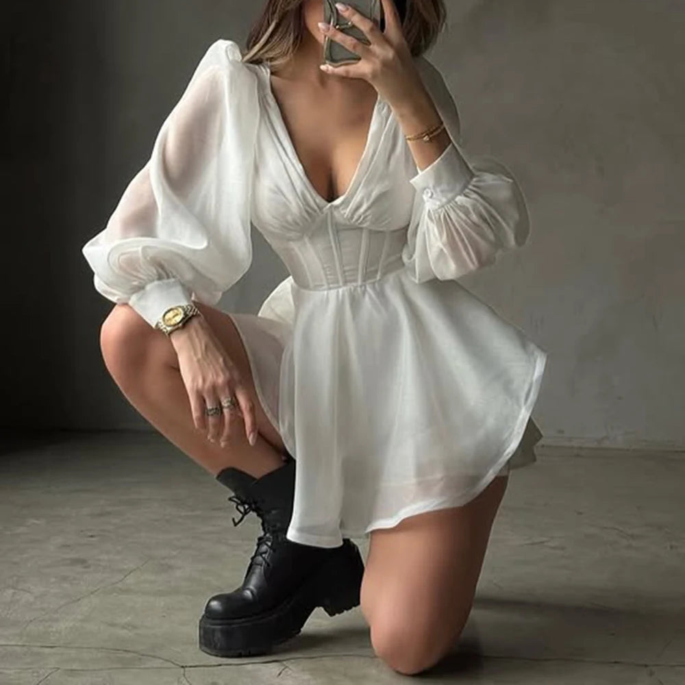 TWOTWINSTYLE Solid Slimming Fashion Dresses for Women V Neck Long Sleeves Patchwork Ruffles Temperament Dress Female Clothing