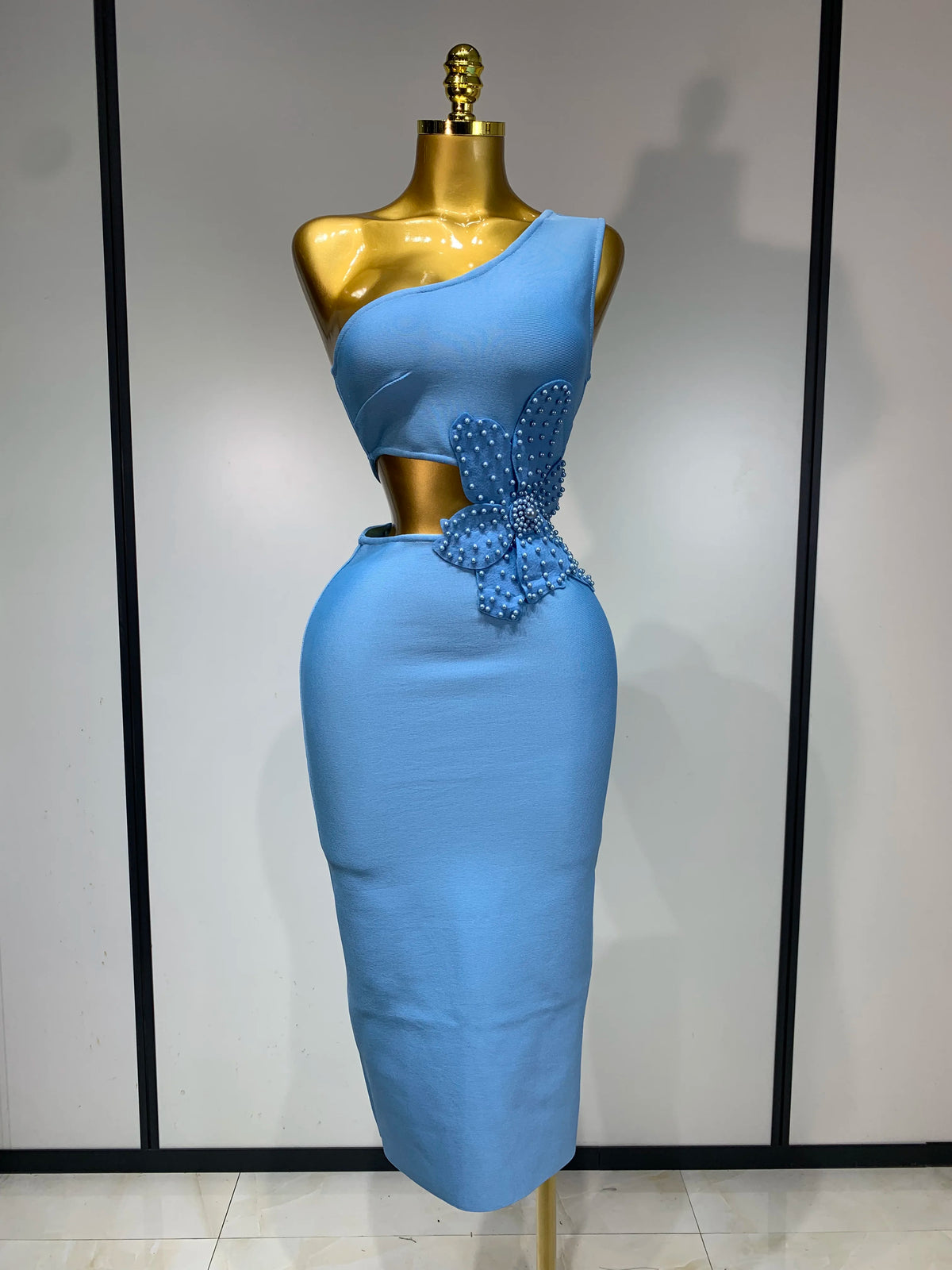 Women Sexy Luxury Birthday One Shoulder Pearl Sky Blue Bodycon Bandage Dress 2025 Celebrity Elegant Evening Club Party Outfit