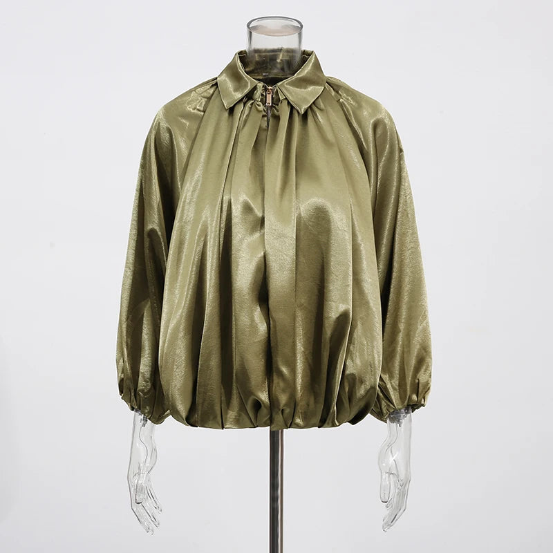 TWOTWINSTYLE Solid Spliced Folds Casual Jackets for Women Lapel Long Sleeves Patchwork Zipper Temperament Jacket Femlae Fashion