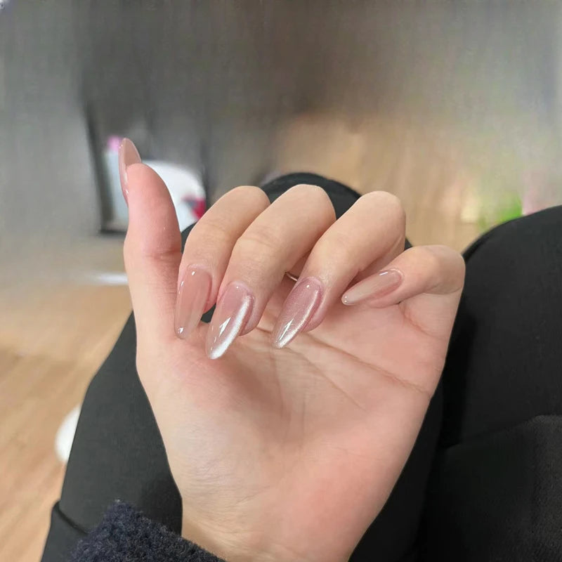 30Pcs Blush Cat Eye Glitter Shading Fake Nails Wearable Acrylic Nail Tips with Small Broken Diamond Sweet Simple Almond Manicure