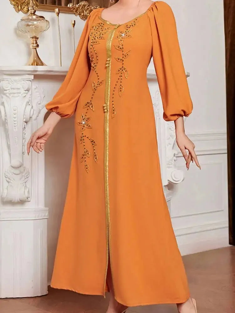 Fashion Lantern Sleeve Party Evening Dresses for Women Muslim Moroccan Kaftan Dubai Abaya Rhinestone Ribbon Beaded Eid Orange Dress