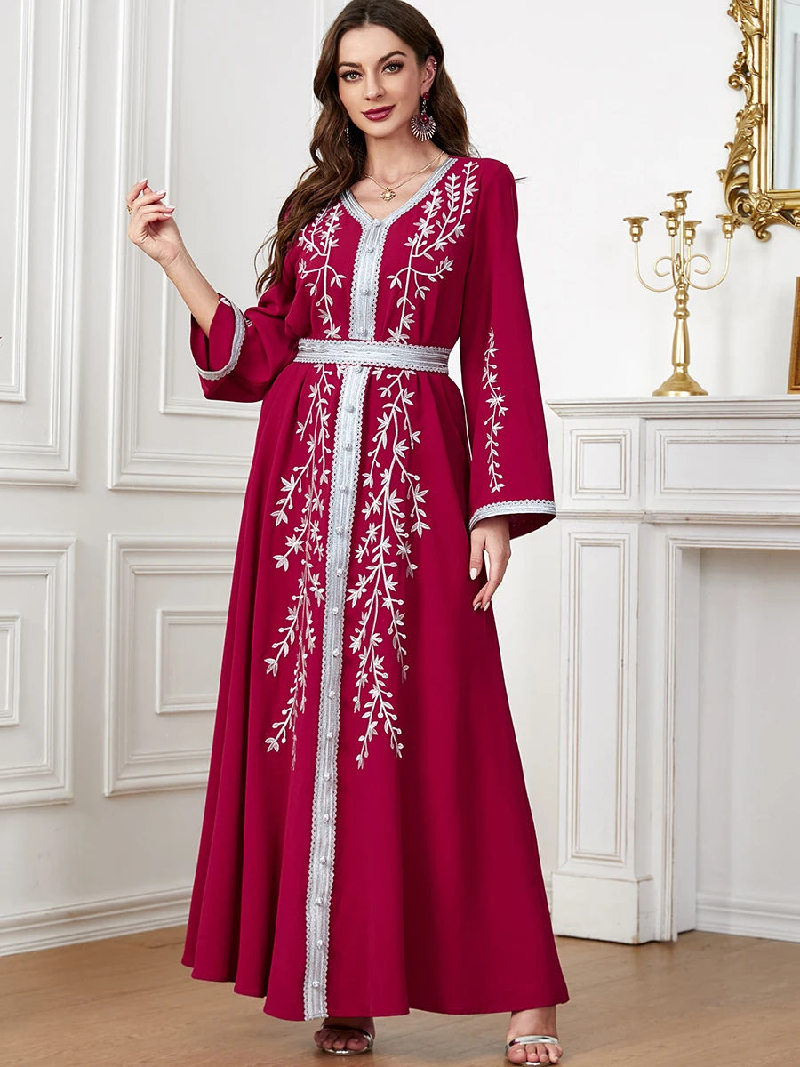 Abaya Islamic Fashion Solid Emberoidery Maxi Dresses Long Sleeve V-Neck Belted Clothing Moroccan Kaftan For Women Red Dress