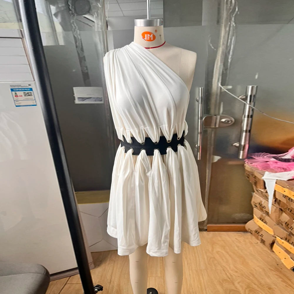 TWOTWINSTYLE Patchwork Leather Chic Dresses For Women Diagonal Collar Sleeveless High Waist Hollow Out Mini Dress Female Style