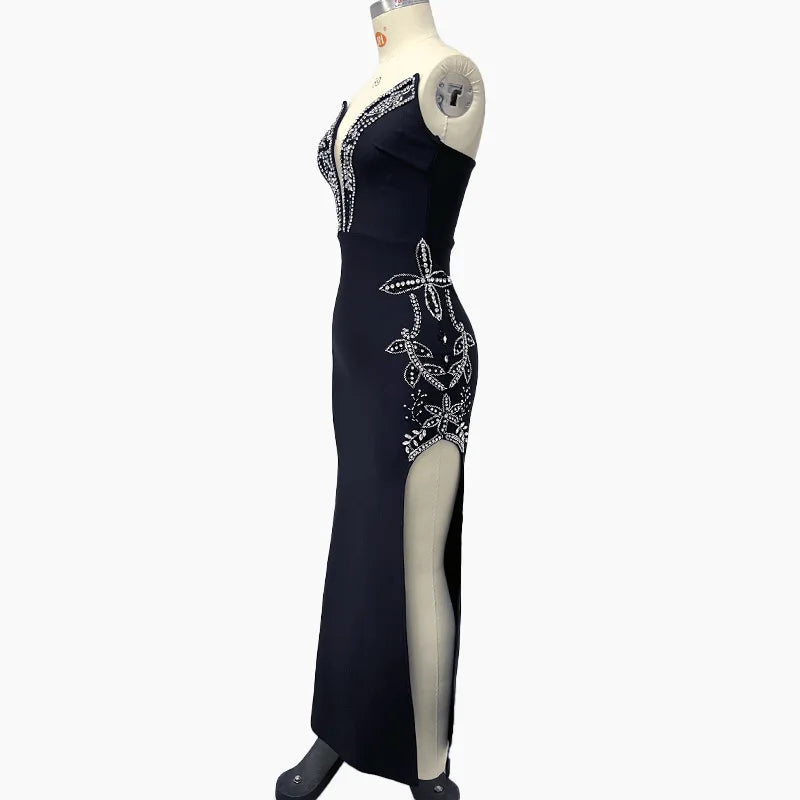 Top Quality Women Shinning Crystal Strapless Off the Shoulder Bodycon Long Bandage Dress Elegant Evening Party Birthday Outfit