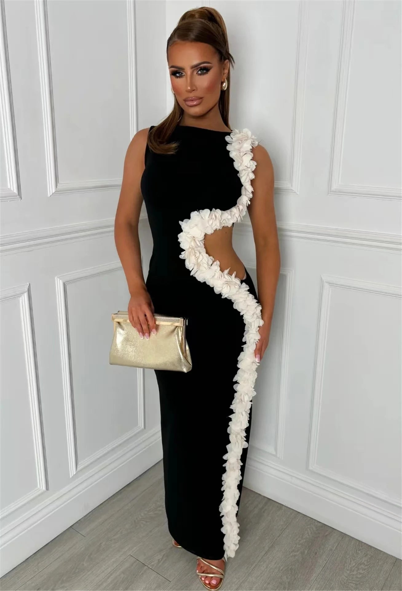 2025 New Women Sleeveless Sexy Side Hollow Out Florals Bodycon Long Bandage Dress Celebrate Fashion Evening Party Cocktail Wear
