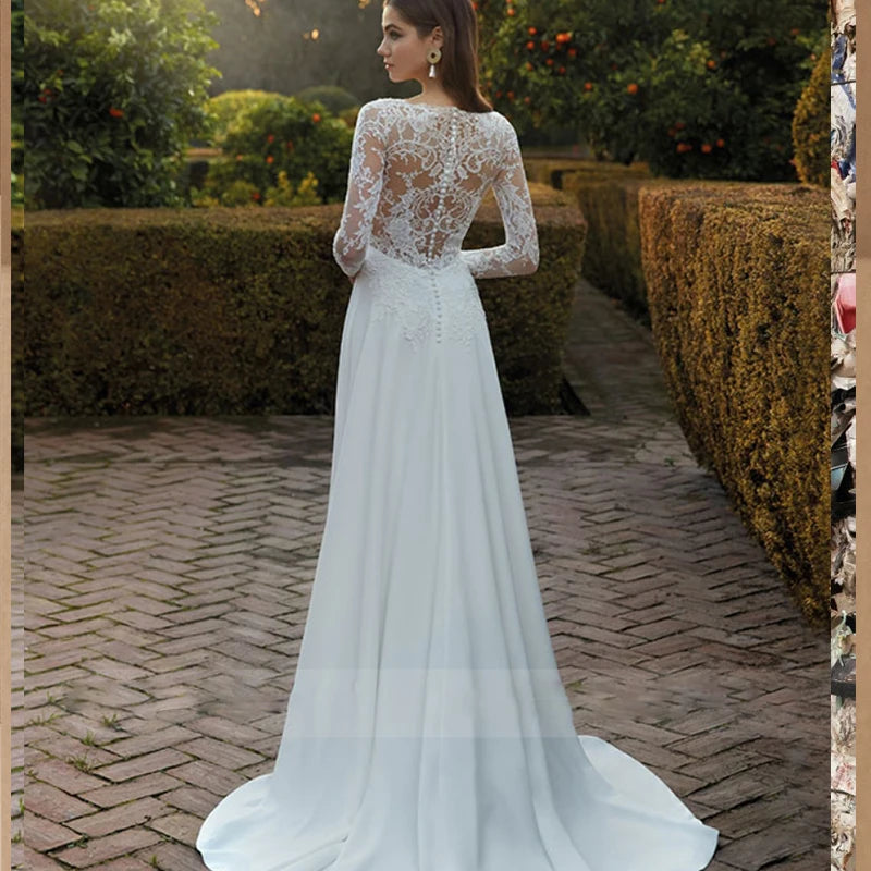 Elegant A Line Wedding Dresses For Women Lace Long Sleeves V Neck Chiffon Illusion Back Buttons Robe De Mariee Rustic Civil