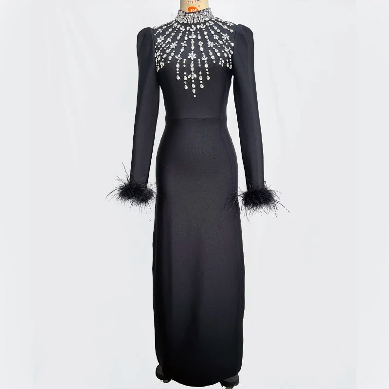 Black Red Color Women Long Sleeve Sexy Shinning Crystal Bodycon Bandage Long Dress Celebrate Evening Party Prom Dress