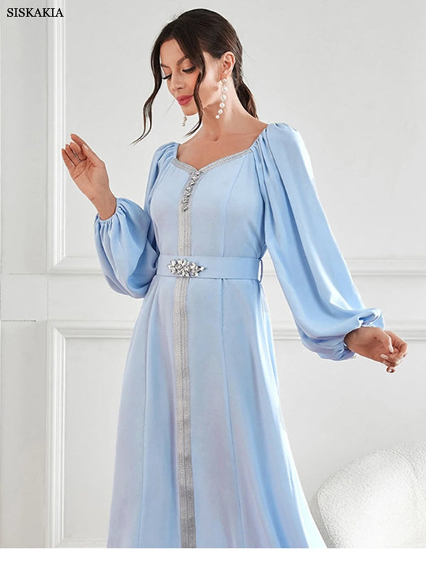 Dubai Evening Dress Women Moroccan Caftan Jalabiyat Solid Rhinestone Puff Sleeve Square Collar Belted Robe