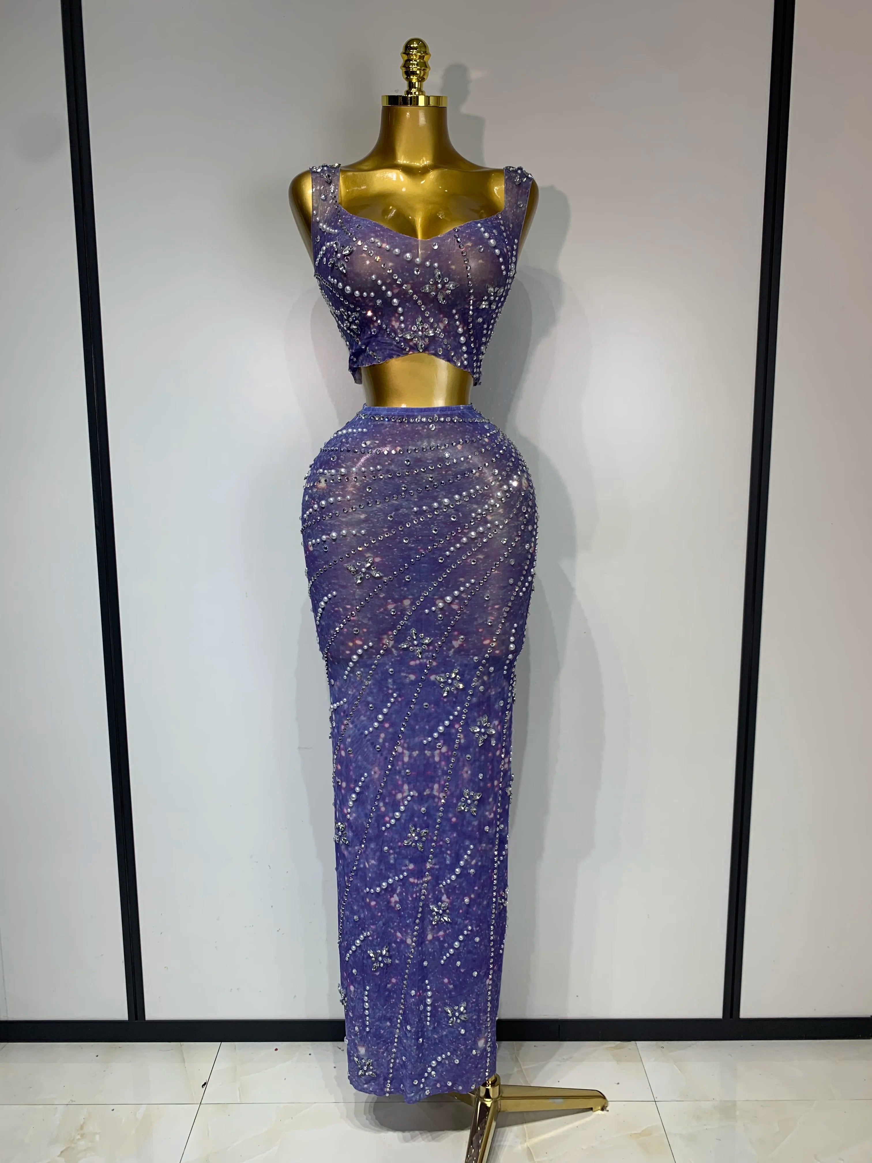 Women Sexy Two Pieces Set Celebrity Luxury Rhinestone Nightclub Skirt Suits Singer Dancer Stage Costume Evening Club Party Gowns