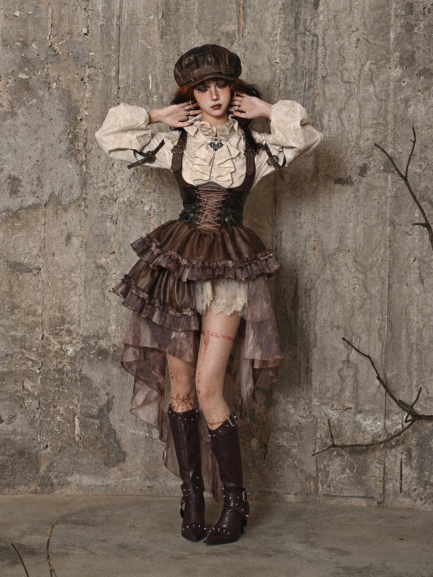 Original Punk Asymmetrical PU Chest Plate Strap Trailing Dresses Long Sleeve Shirt Dress Sets Autumn New Gothic Girls Outfits