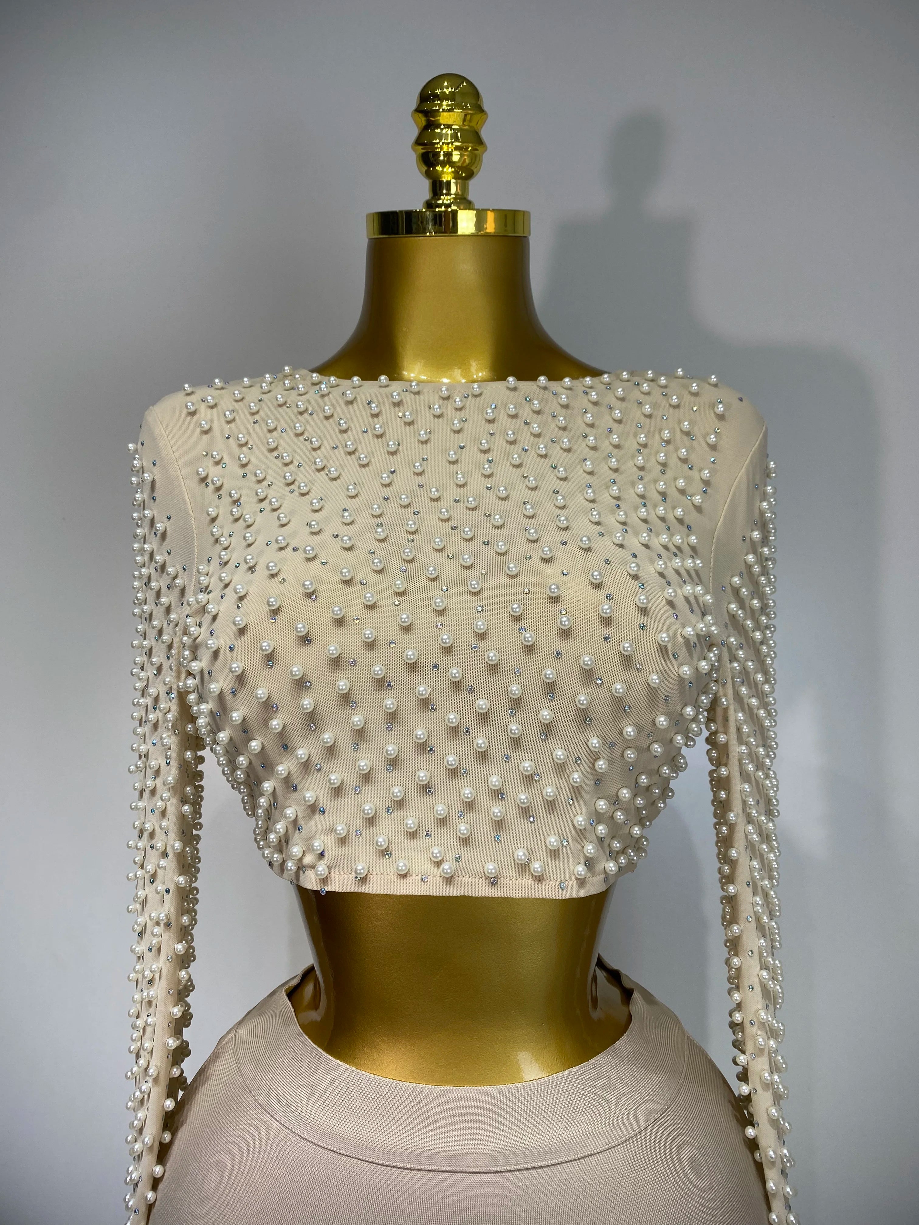 Women Sexy Long Sleeve Mesh Pearl Top Celebrity Midi Women Bandage Set 2025 Designer Evening Party Luxury Birthday Two Piece Set