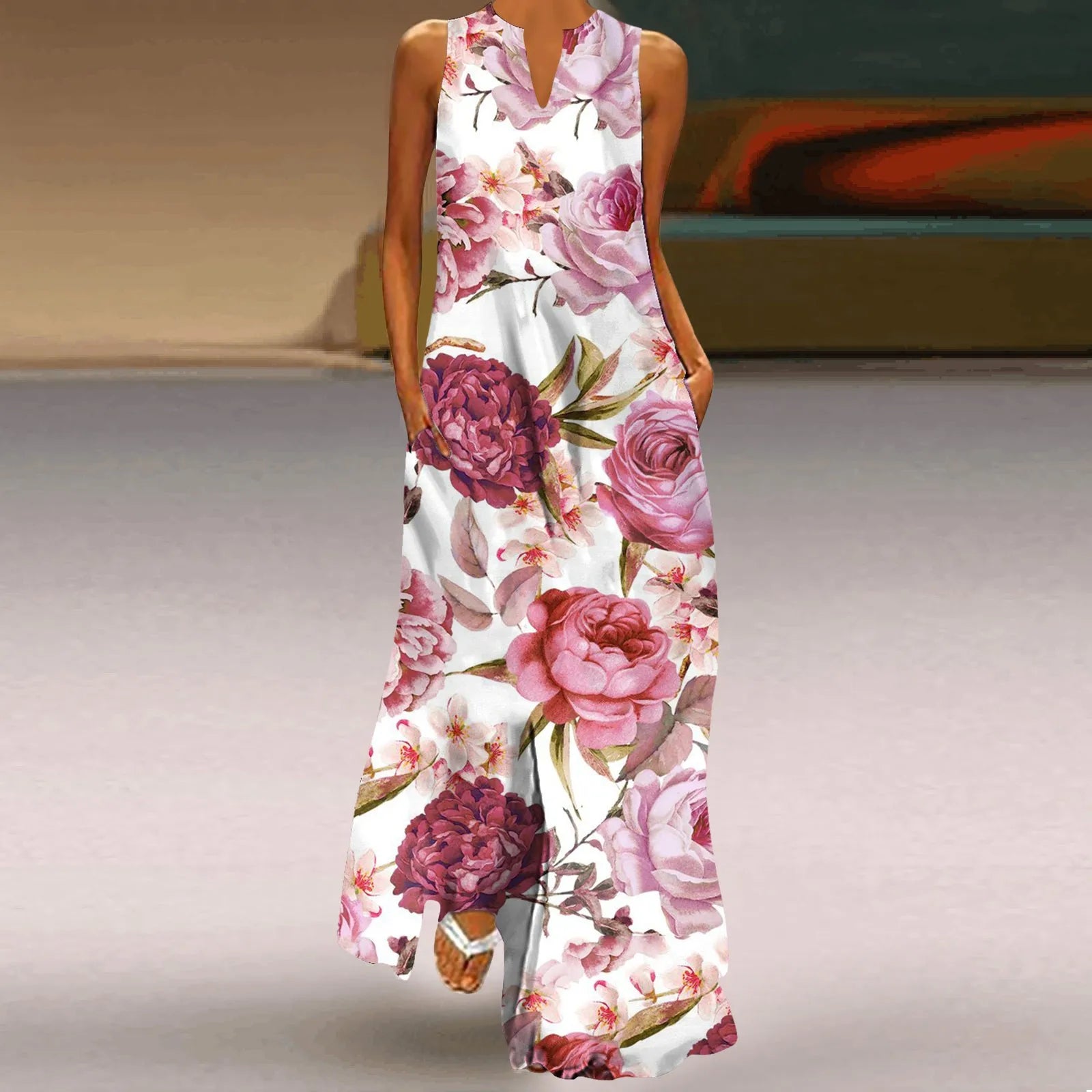 Fashionable Women's Hollow V-neck Maxi Dress Fresh Flower Print Sleeveless Loose Straight Beach Seaside Vacation Long Dress