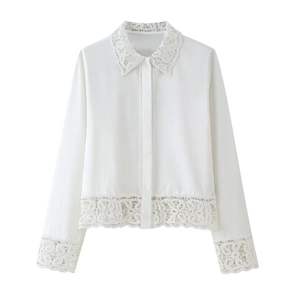 PB&ZA 2025 Women White Long Sleeve Blouse and Wide Leg Pants Set with Lace Trim Elegant Design for Sale on AliExpress