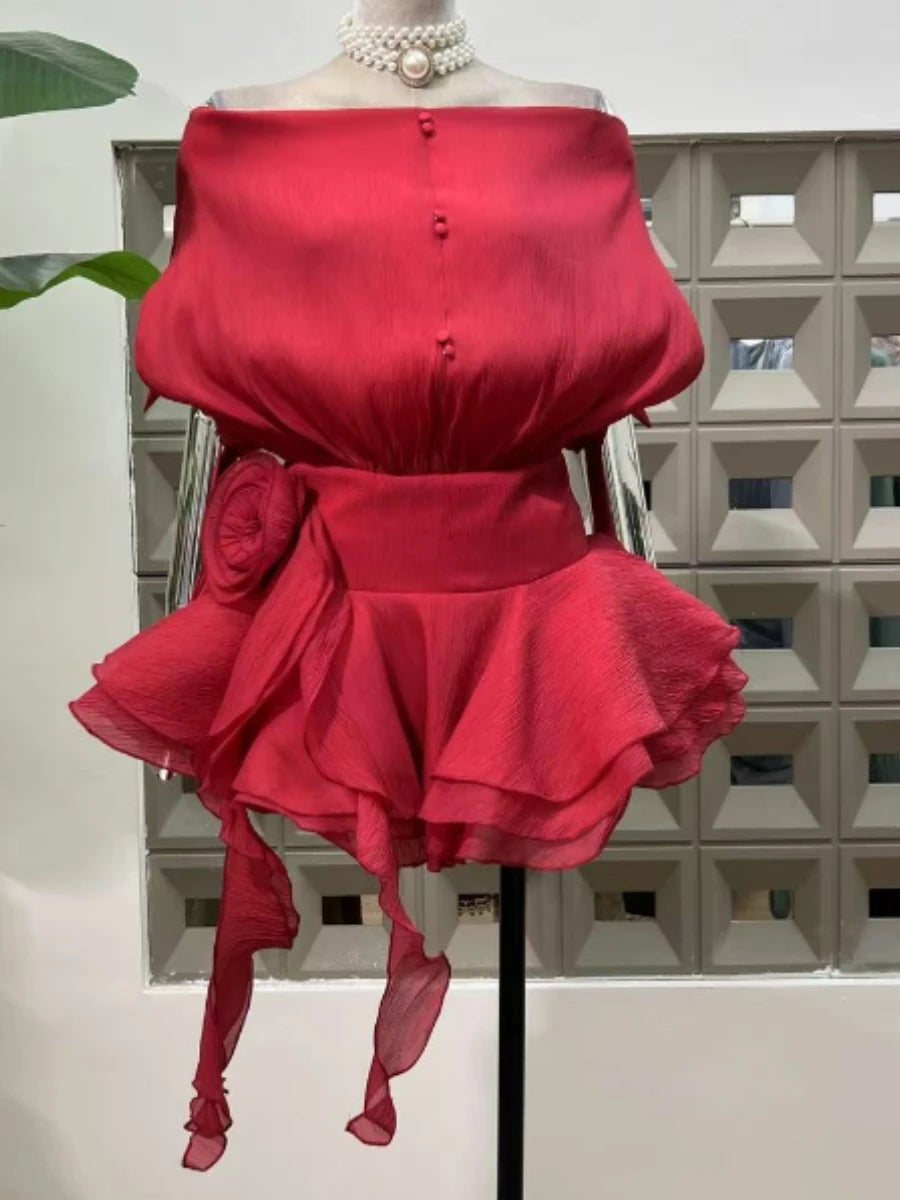 TWOTWINSTYLE Solid Loose Spliced Ruffles Mini Dresses for Women Slash Neck Sleeveless Patchwork 3D Flower Dress Female Clothing