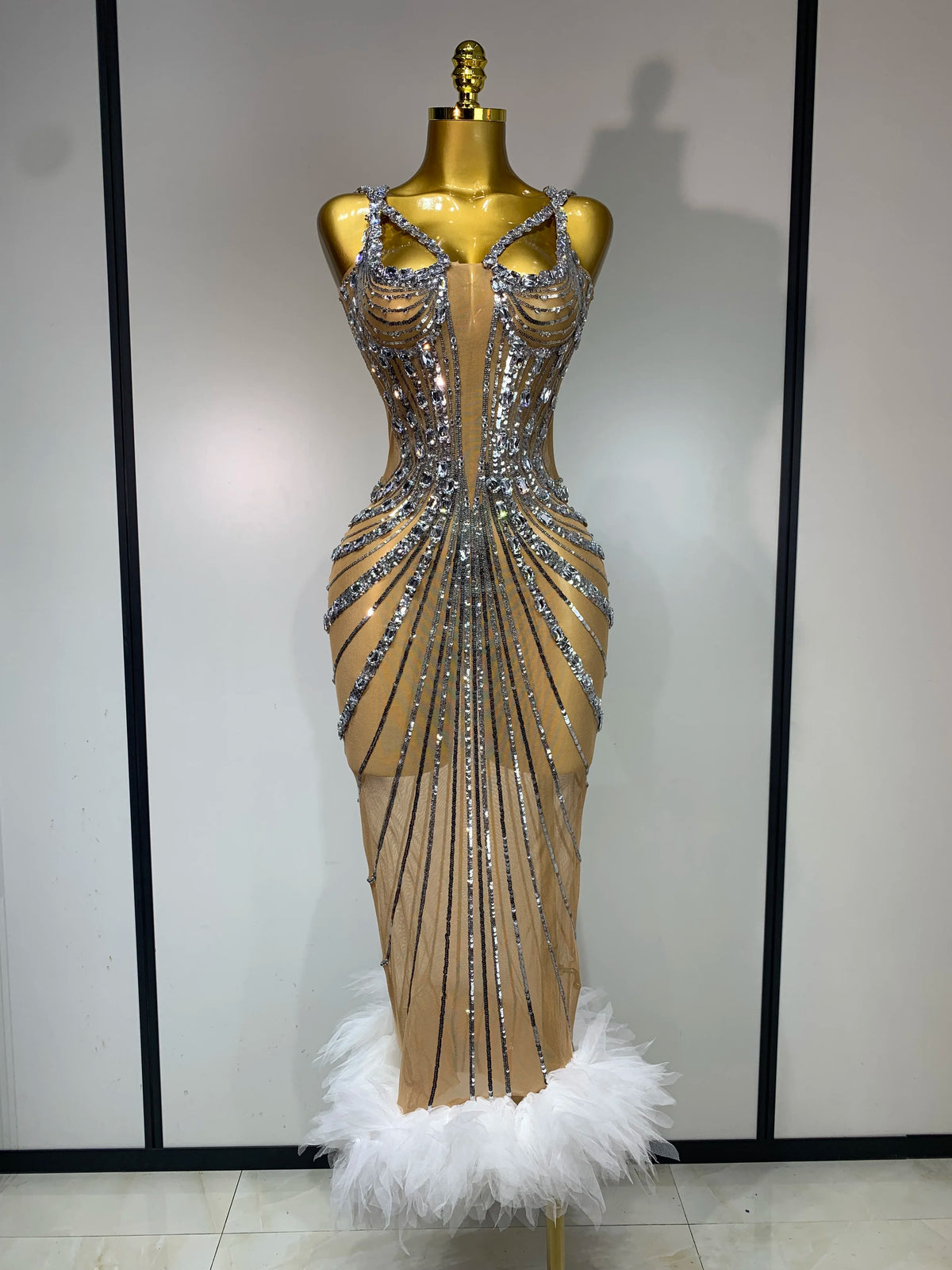 Sexy Silver Rhinestone White Mesh See Through Long Dress Women Luxury Birthday Party Prom Gown Singer Nightclub Stage Outfit