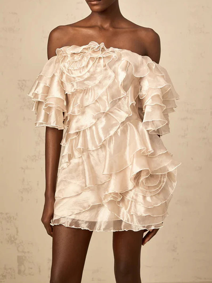 TWOTWINSTYLE Solid Slimming Spliced 3D Flowers Mini Dresses for Women Slash Neck Off Shoulder Patchwork Ruffles Dress Female New