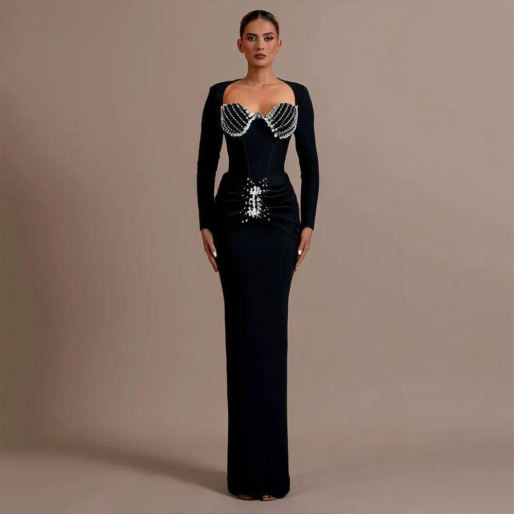 High Quality Women Long Sleeve Sqaure Collar Shinning Diamond Bodycon Long Bandage Dress Celebrate Elegant Evening Party Wear