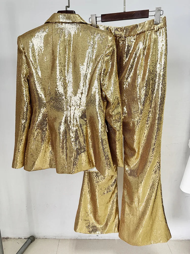 2025 New Arrival Women Long Sleeve Shinning Sequins Single Button Slim Coat 2 Pieces Women's Set Formal Evening Celebrate Party
