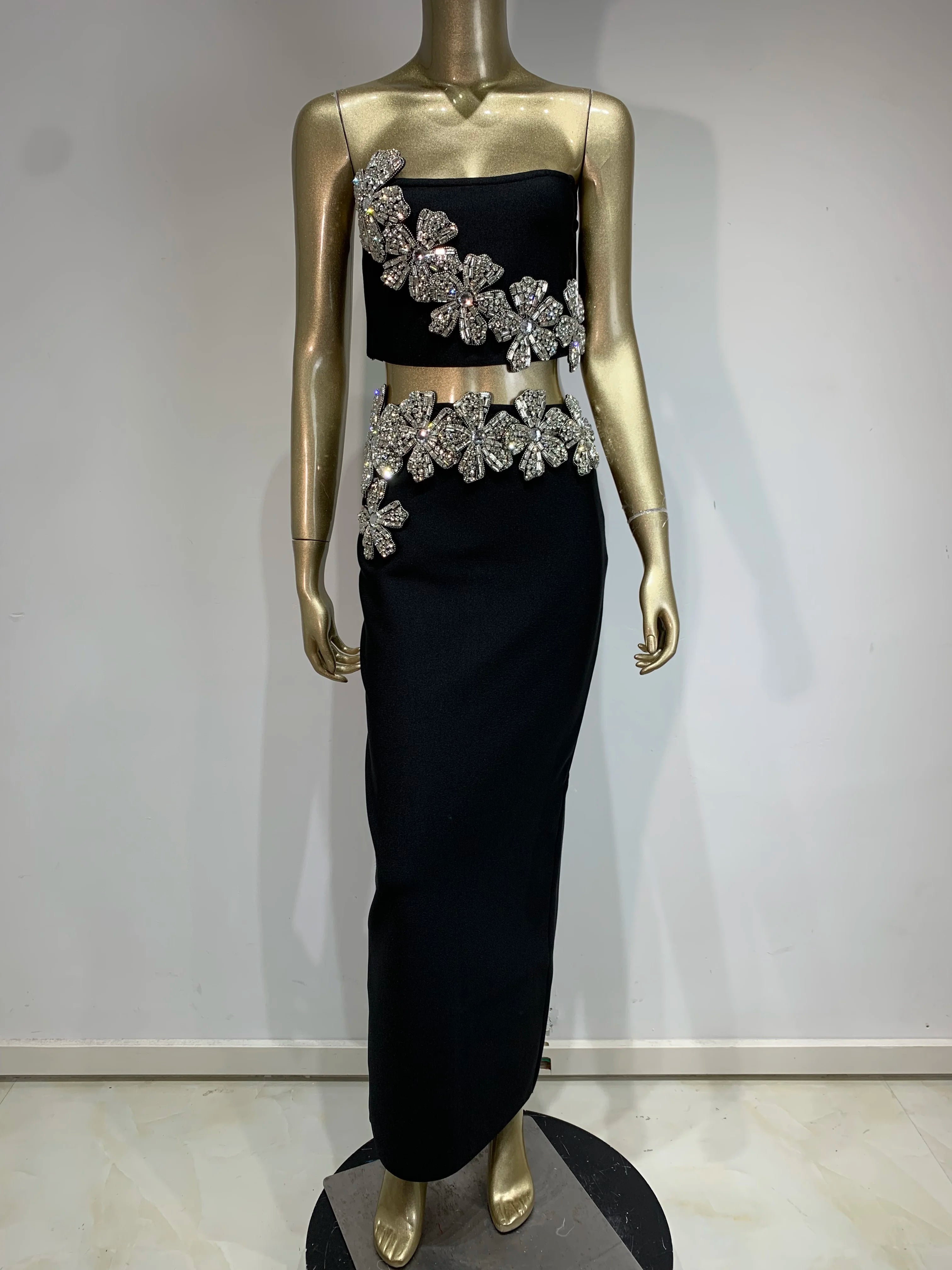 Women Sexy Strapless Flower Diamonds Crystal Black Maxi Long Bandage Skirt Set Knitted Elegant Evening Club Party Clothing