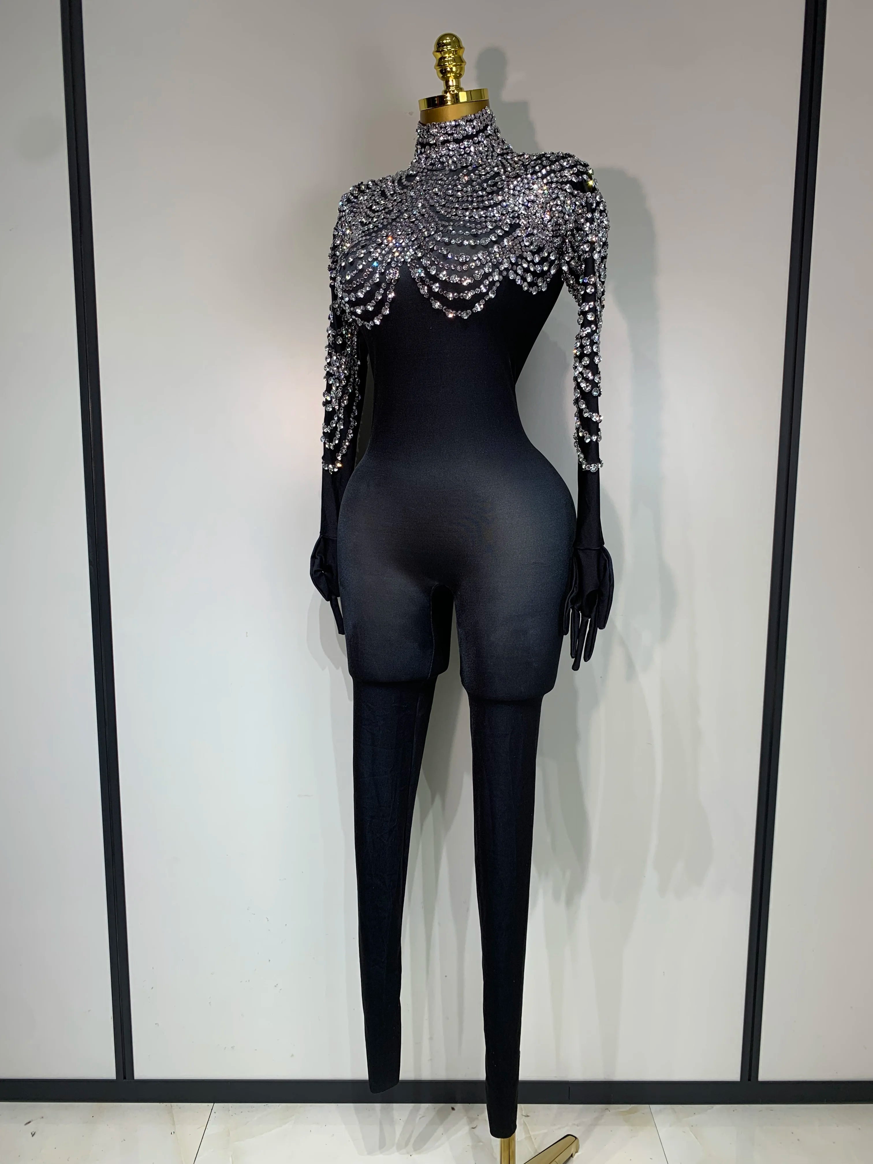 Stock Women Sexy Nightclub Evening Party Drag Queen Singer Dancer Stage Performance Costume Luxury Rhinestone Stretch Jumpsuit