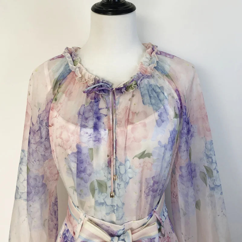 Shot In Stock Australian Spring Summer Celebrity Liu Shishi Same Style Purple Floral Long Sleeve Shirt + Shorts Set