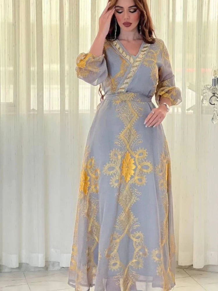 Arab Costumes Female Fashion Chic Mesh Embroidery Full Sleeve V-Neck Belted Clothing Muslim Elegant Women Evening Dress