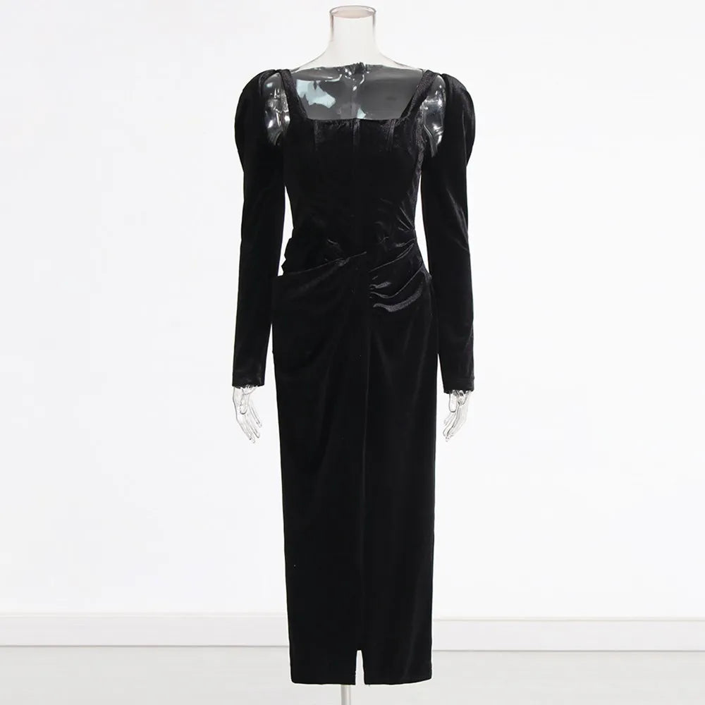 TWOTWINSTYLE Solid Patchwork Folds Elegant Dresses For Women Square Collar Long Sleeve High Waist Split Slimming Dress Female