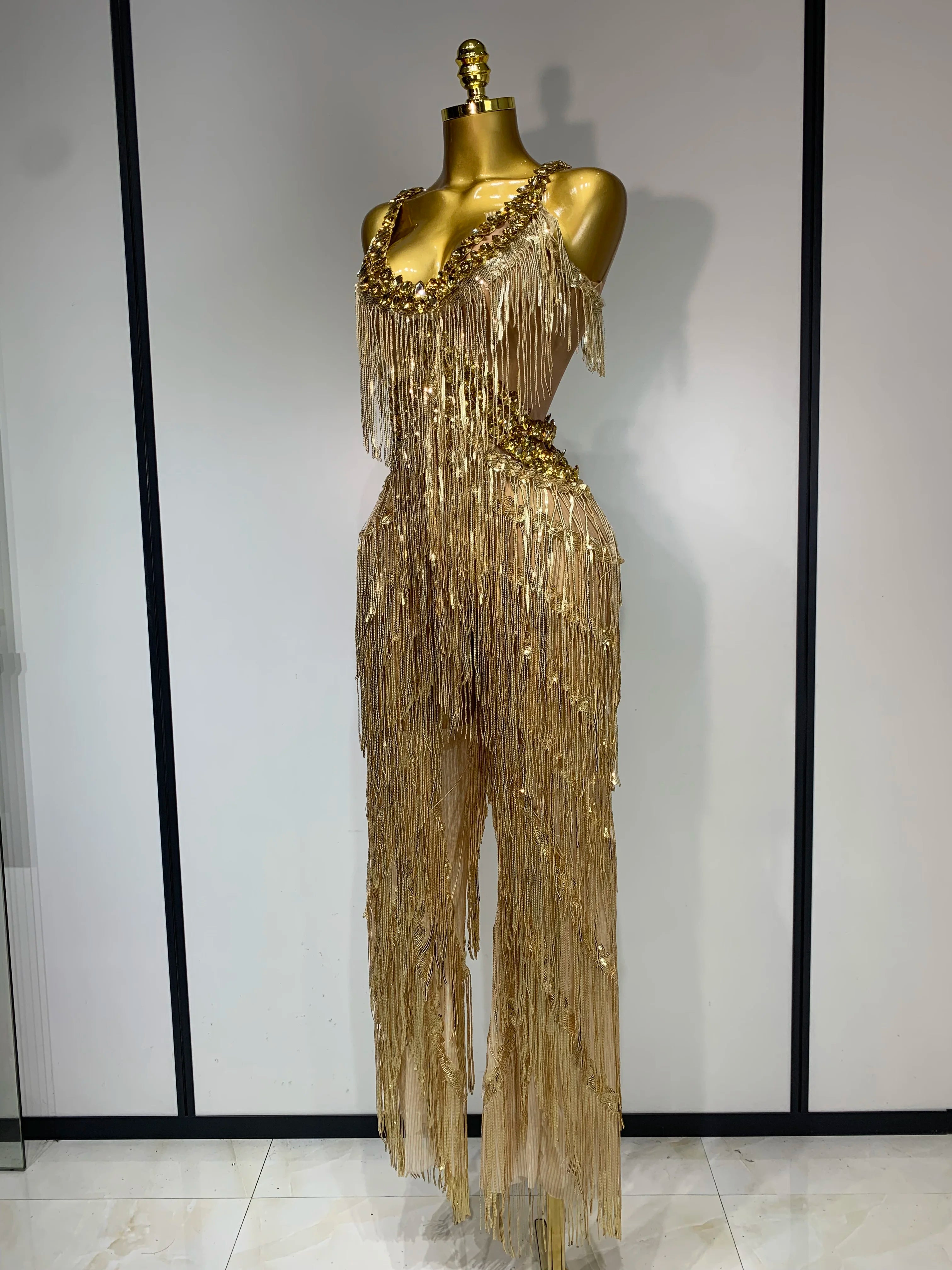 Women Sparkly Glod Rhinestones Sequined Fringe jumpsuit Sexy Nightclub Party Birthday Outfit Show Singer Stage Perform Costume