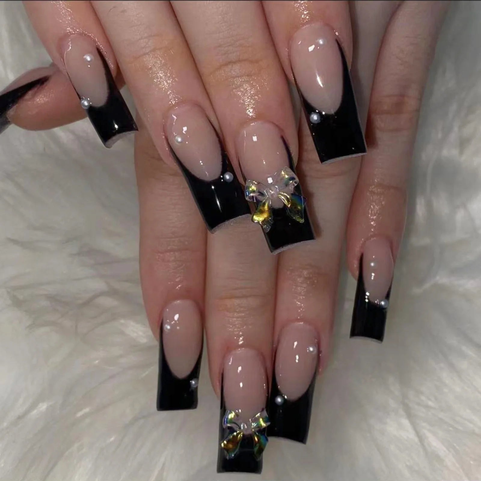 Black French Tips Press on Nails 3D White Bowknot Alloy Stars Designs Fake Nails Ballet Charms False Nails Korean Manicure 24Pcs