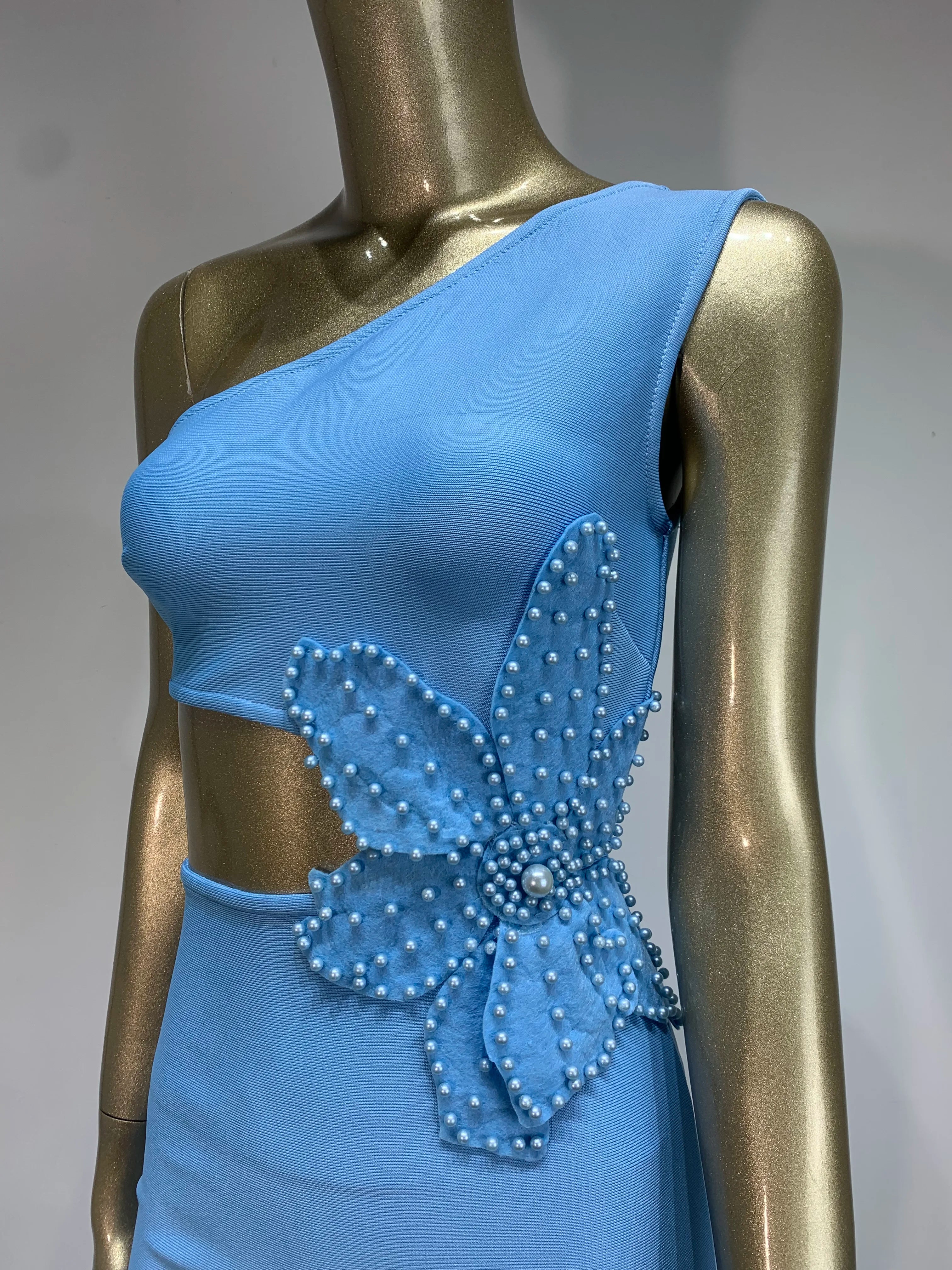 Bandage Dress Women Celebrity Sexy One Shoulder Cut Out Sky Blue Flower Midi Bodycon Elegant Evening Club Party Dress