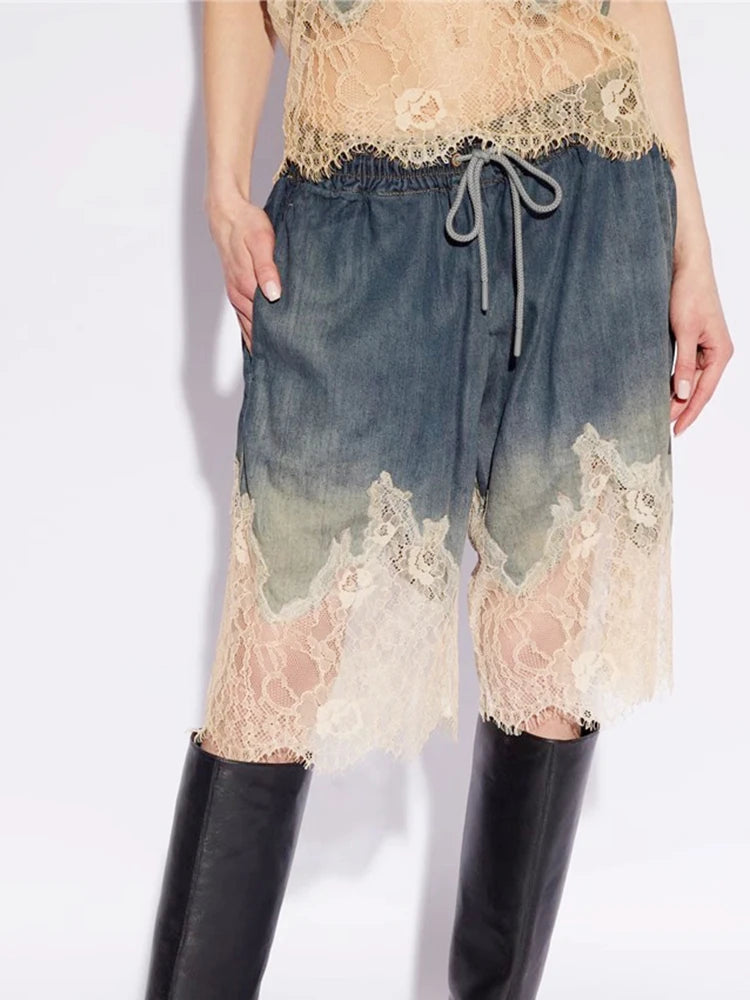 TWOTWINSTYLE Spliced Lace Denim Two Piece Set For Women V Neck Sleevelss Top High Waist Knee Length Pant Streetwear Sets Female