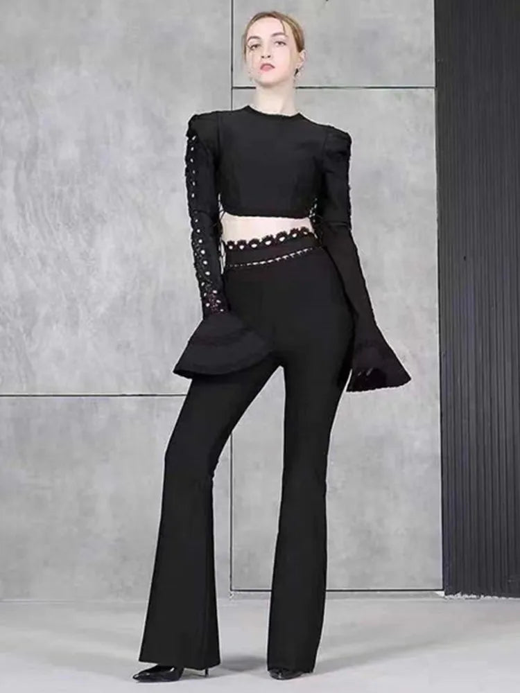 Women Winter Style Sexy Long Sleeve Flare Black White Two Pieces Bandage Set 2022 Celebrity Designer Fashion Party Women's Set