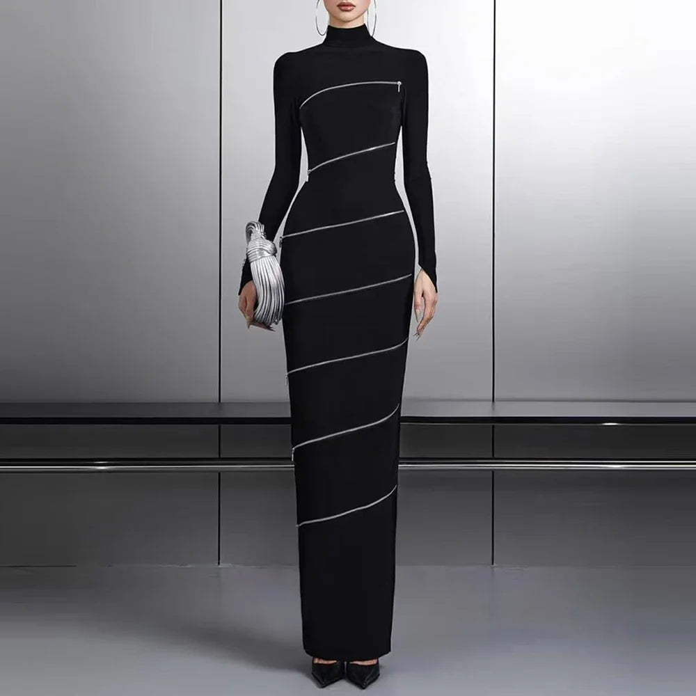 TWOTWINSTYLE Solid Slimming Spliced Zipper Dress for Women Stand Collar Long Sleeve High Waist Dresses Female Temperament Style