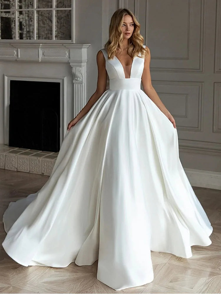 LORIE A Line Wedding Dress Princess Satin Bride Dresses Sexy V Neck Wedding Party Gowns Ivory