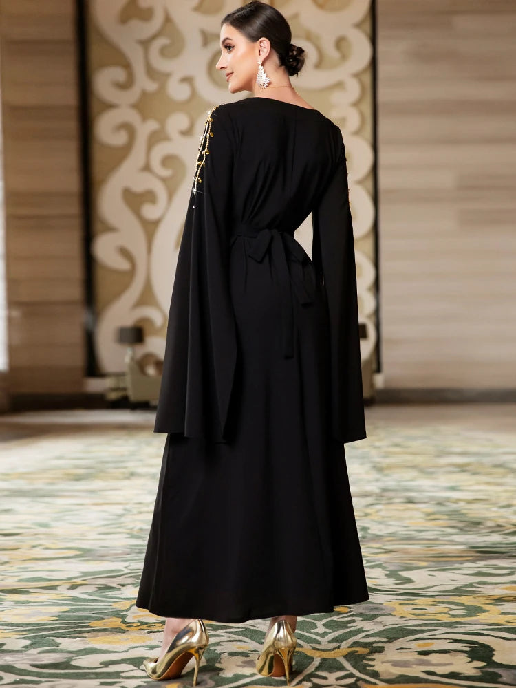 Dubai Fashion Chic Pure Handwork Diamonds Evening Party Gown Super Long Sleeve Square Collar Belted Dress Arab Robe