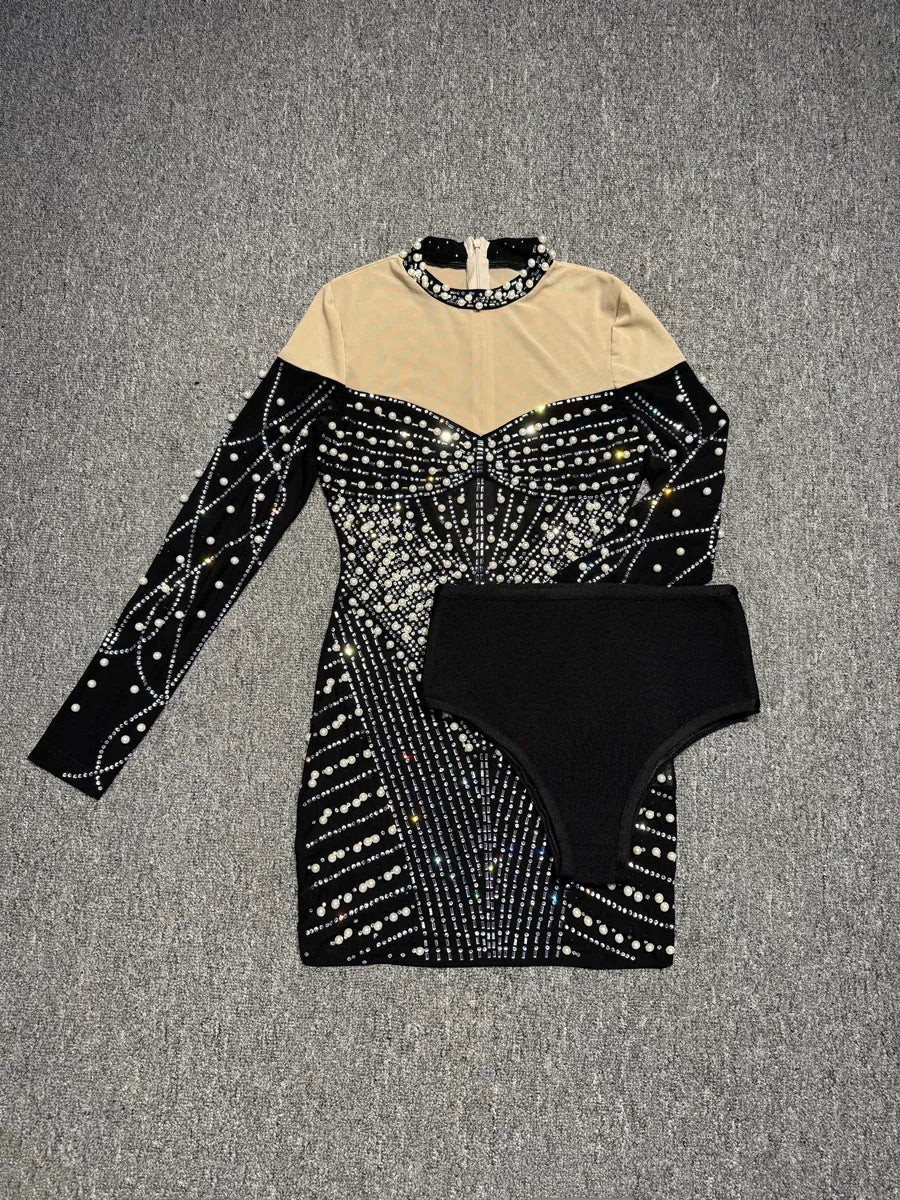 2025 Elegant Evening Party Club Outfit Vestido Women Celebrity Sexy Long Sleeve Turtleneck Mini Rhinestone Diamonds Gowns Dress