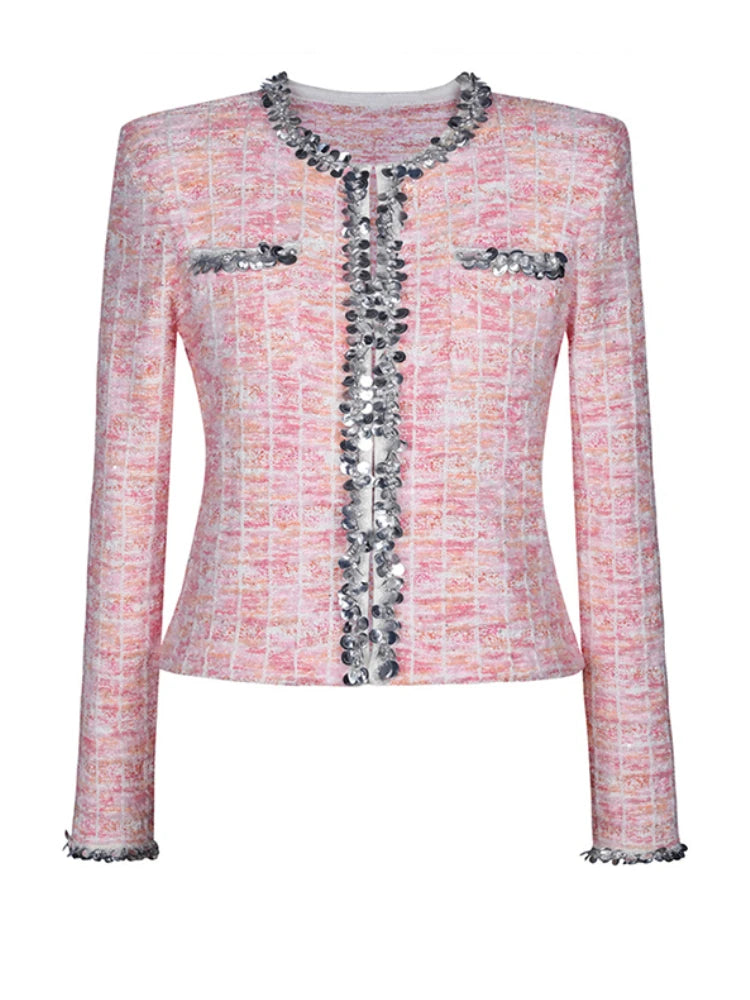 TWOTWINSTYLE Two Piece Sets for Women Round Neck Long Sleeves Spliced Diamonds Top High Waist Patchwork Pockets Skirt Female New