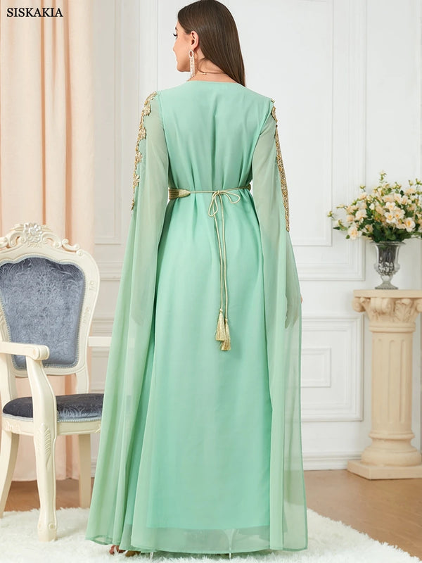 Woman's Evening Dress Elegant Long Sleeve Chiffon Party Dress Floral Embroidery Lace Panel Belted Jilbab Abaya Moroccan Caftan