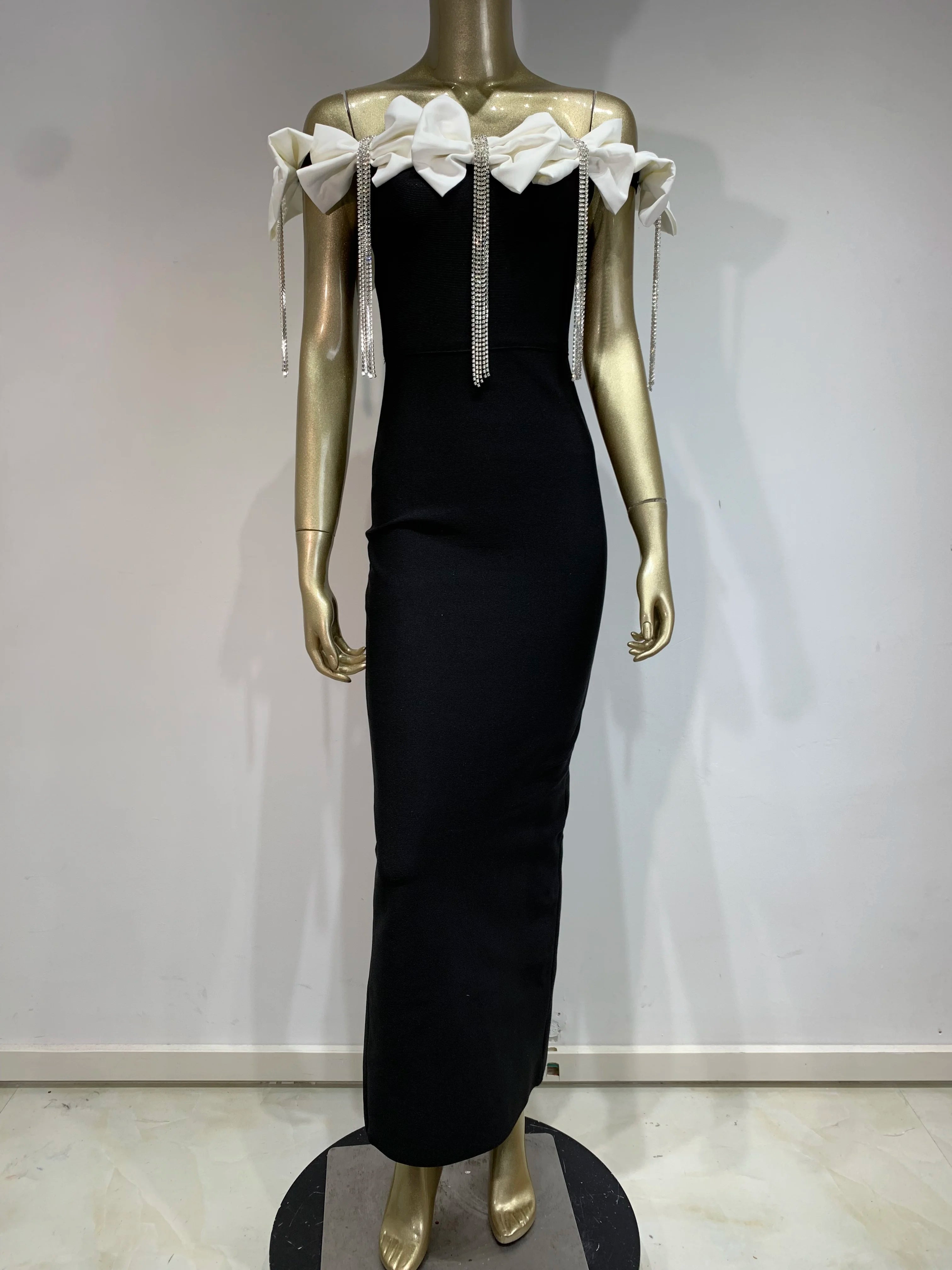 Women Celebrity Sexy Off Shoulder Flower Diamonds Black Bow Tie Maxi Long XL Bandage Dress Elegant Evening Club Party Dress