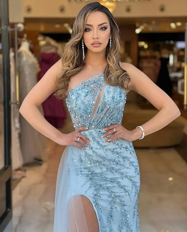 Luxury A-Line Evening dress Blue tulle beaded decal sequin sexy sleeveless side split Sweep train ball party dress custom